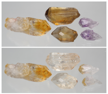 Various quartz crystals shown before and after heat treatment. Source: Mindat