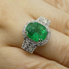 4.59ct Cushion Emerald, Diamond Halo Engagement Ring set in 18k White Gold, custom designed and manufactured by David Saad/Skyjems.ca