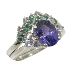 1.63ct Color Change Sapphire Engagement Ring with Teal/White Sapphire Nesting Band, custom designed and manufactured by David Saad/Skyjems.ca
