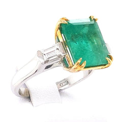 6.16ct GIA Certified Colombian Emerald Three Stone Ring with Diamond Baguettes, set in 18kt White and Yellow Gold