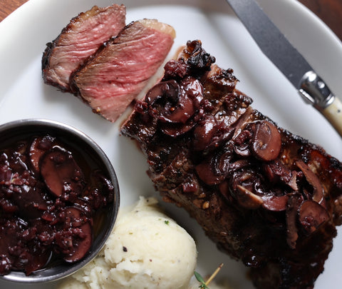 strip steak with red wine mushroom sauce