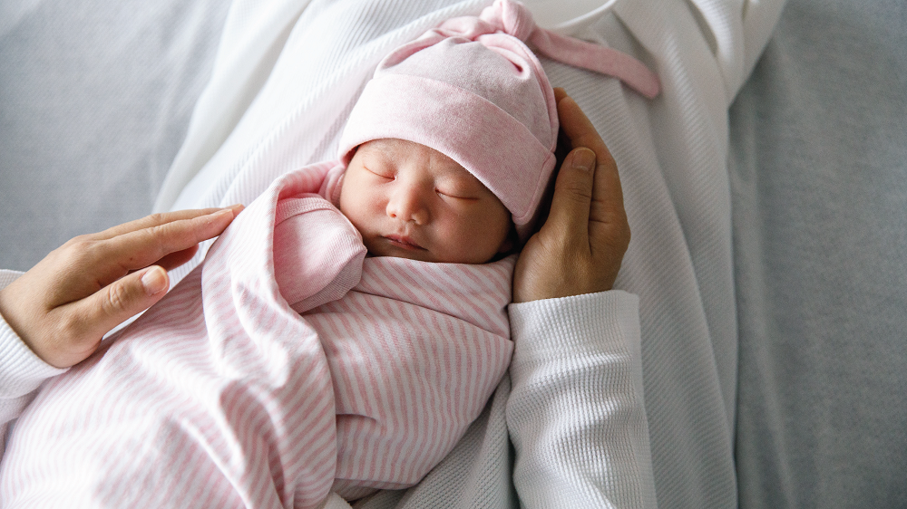 Newborn baby in pink swaddle resting on woman's lap