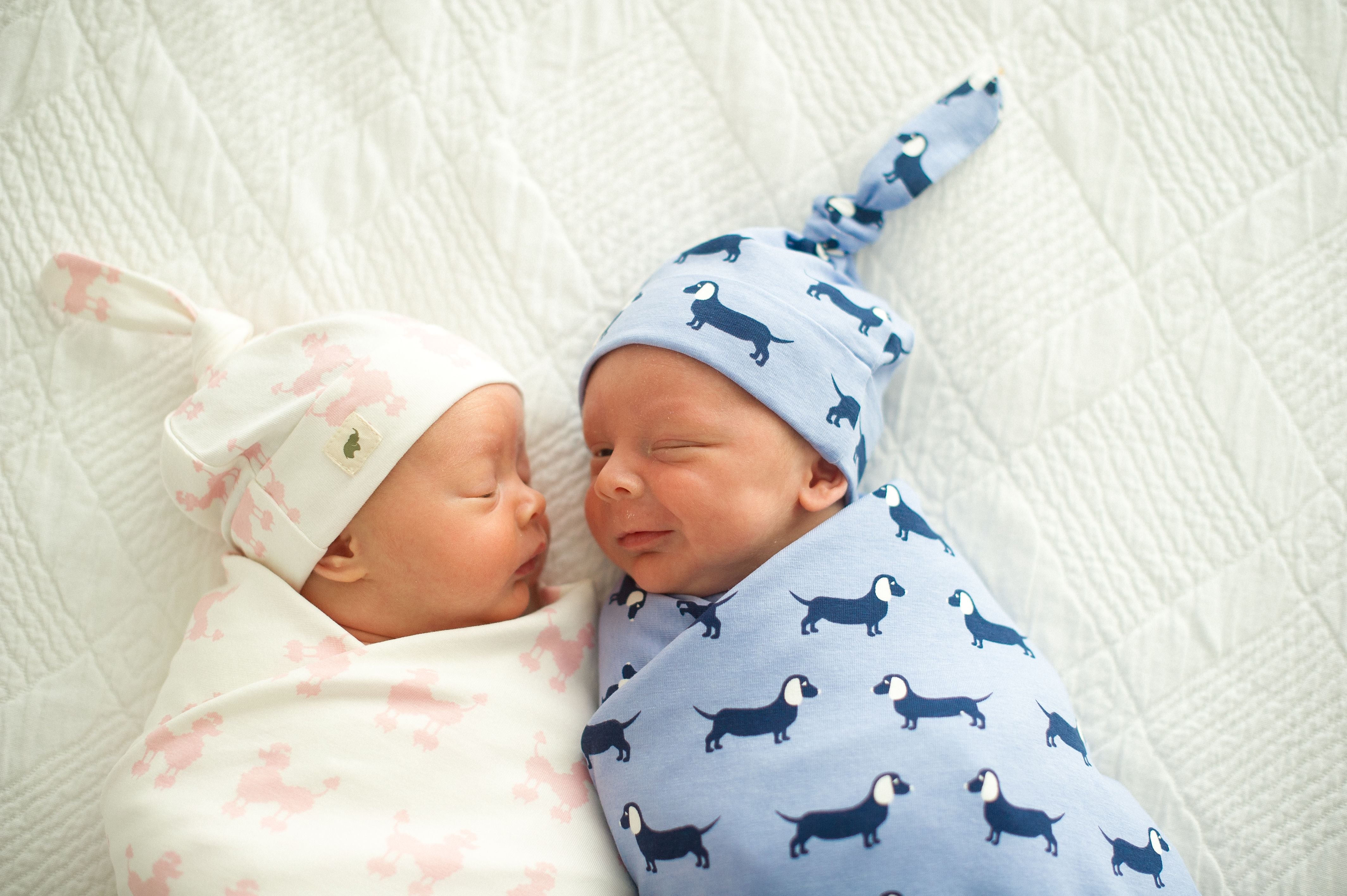 Girl and boy newborn twins in swaddles smiling