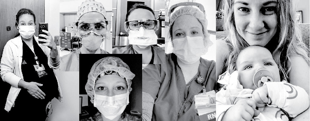 Black and white collage image of nurses wearing masks 