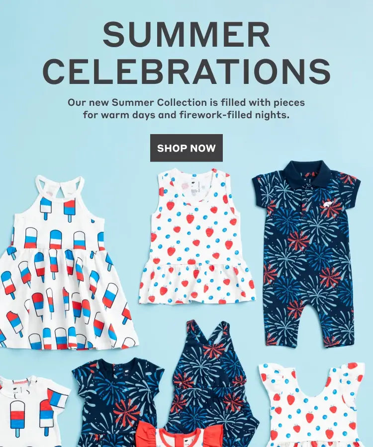 Hero banner with flatlay of July 4th print clothing and text: Summer Celebrations. Our new Summer Collection is filled with pieces for warm days and firework-filled nights. - Shop Now