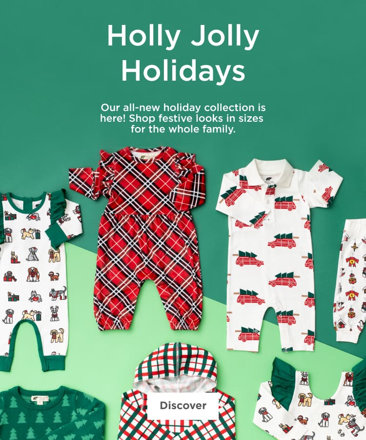 Flatlay of Holiday print clothing with text: Holly Jolly Holidays - Our all-new holiday collection is here! Shop festive looks in sizes for the whole family - Shop Now