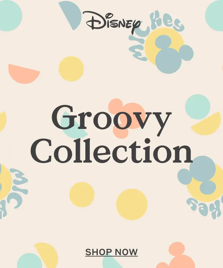 Disney Groovy Collection graphic banner with Disney characters and text 'Groovy Collection' - Shop Now