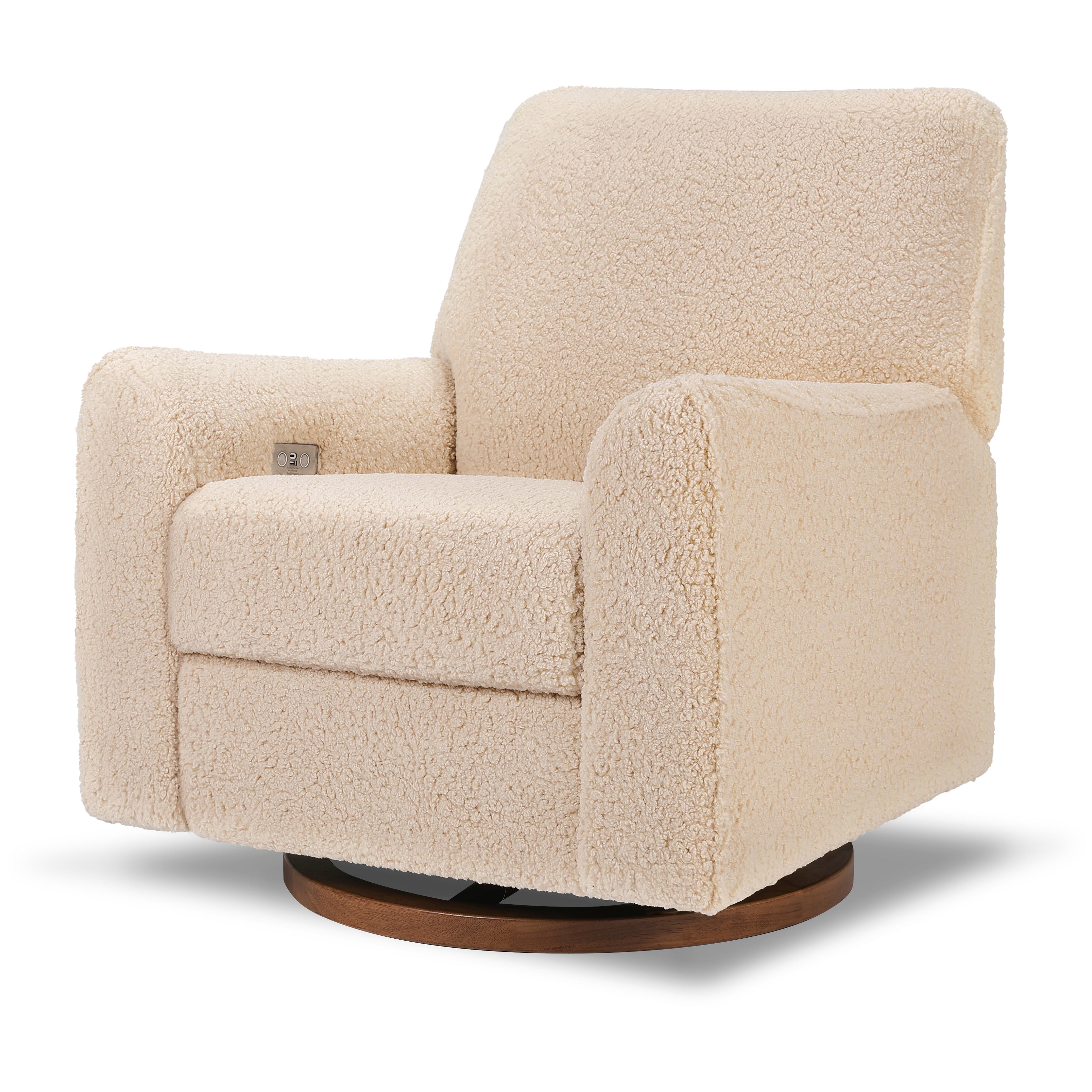 Sunday Power Recliner and Swivel Glider in Shearling_Chai Shearling with Dark Wood Base