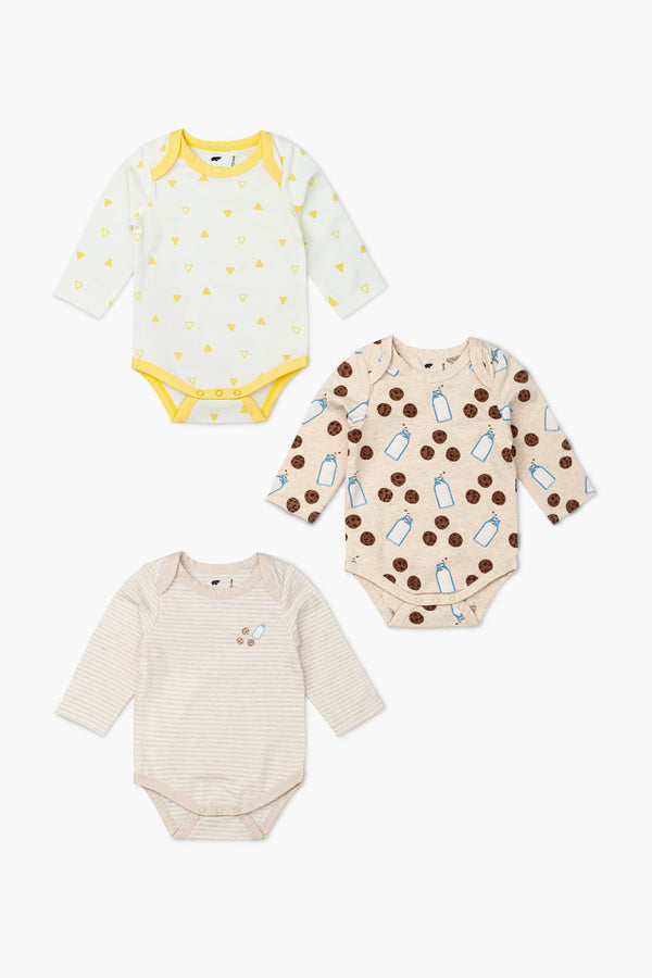 3-Pack Long Sleeve Bodysuits_Cookies + Milk