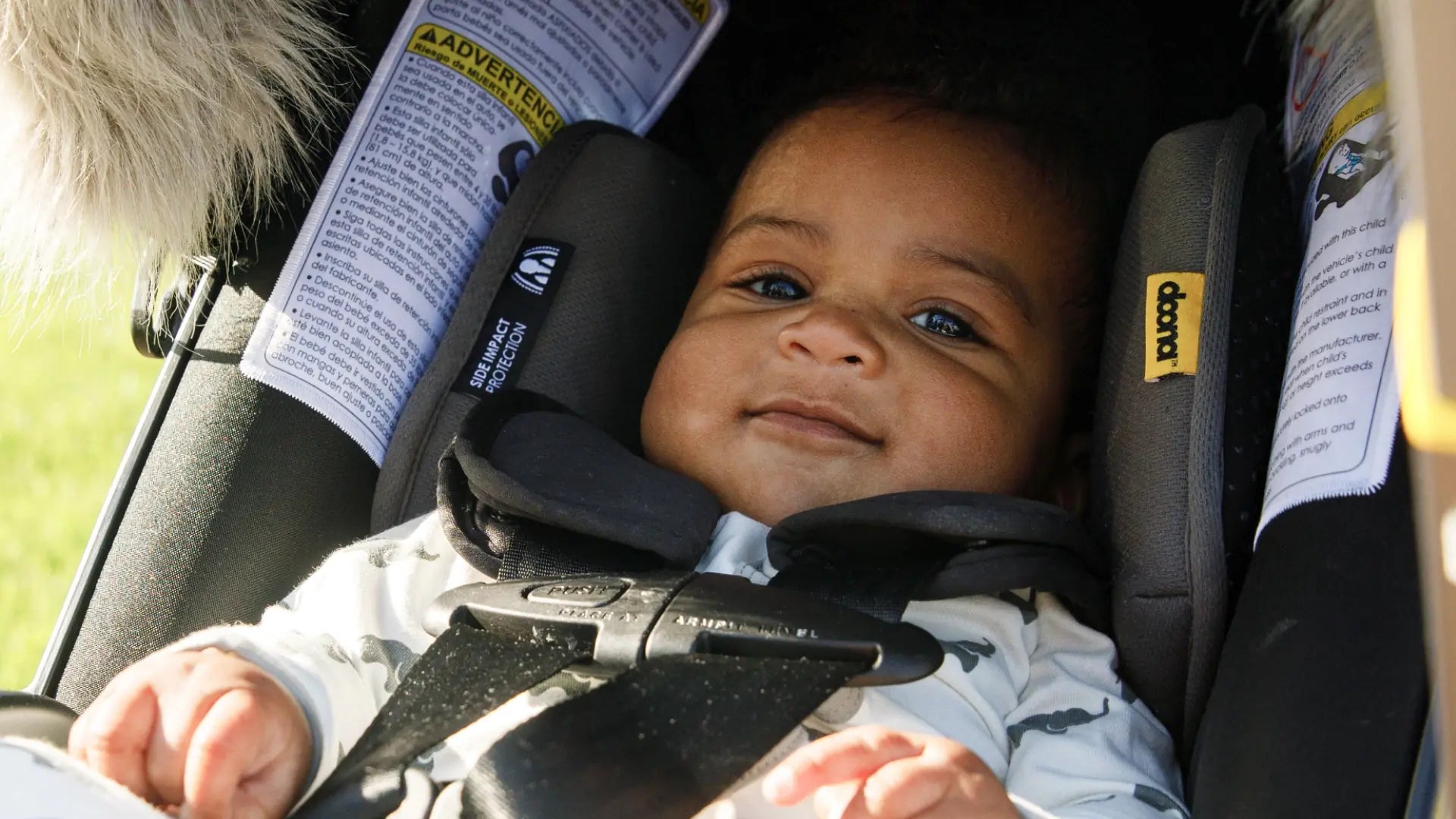 Baby in fur-lined stroller