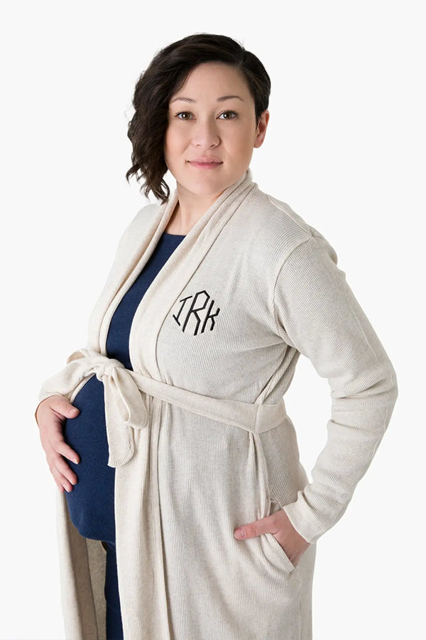 Woman in monogrammed Organic Lounge Robe