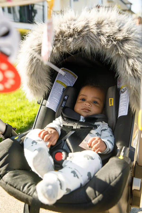 Baby in fur-lined stroller