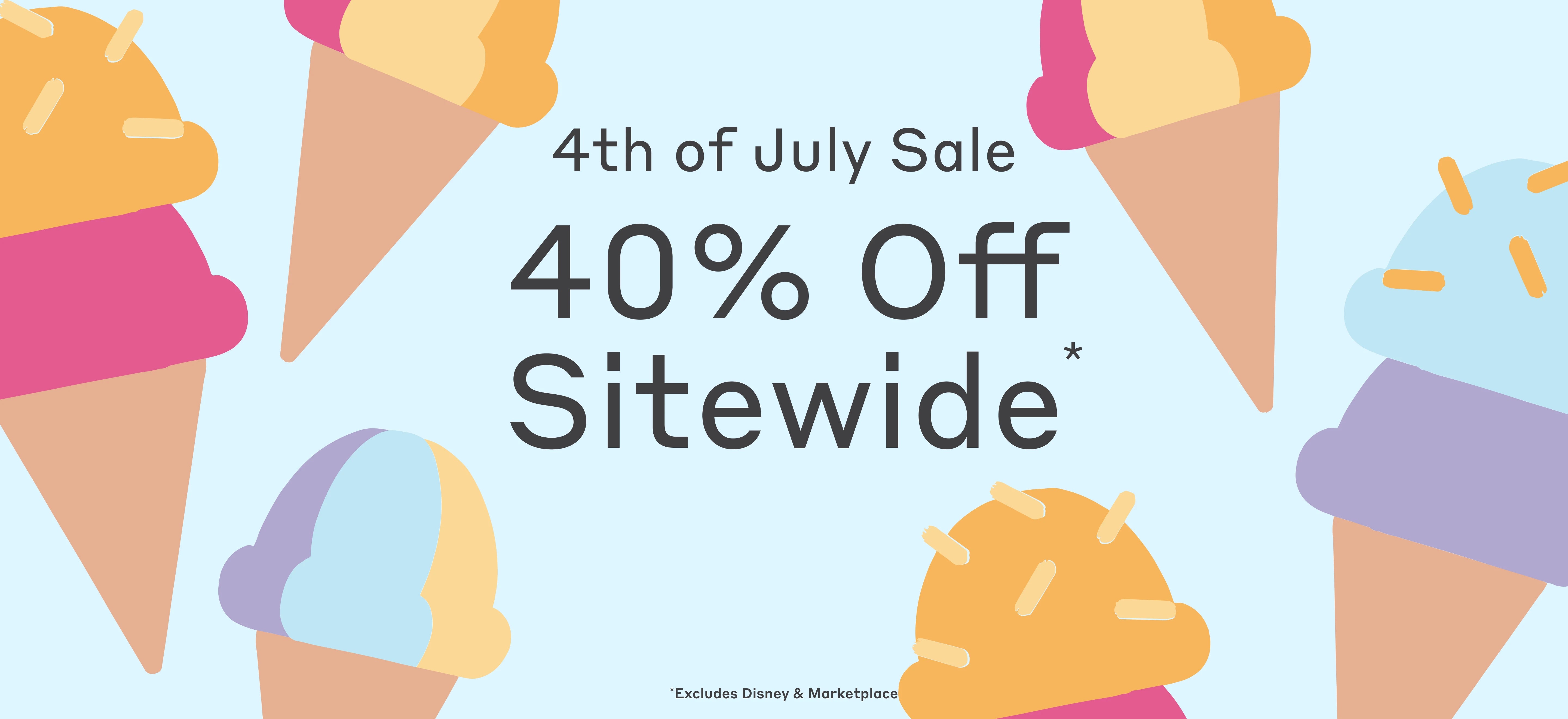 Graphic banner with ice cream cones and text: "40% Off Sitewide - 4th of July Sale. Shop Now."