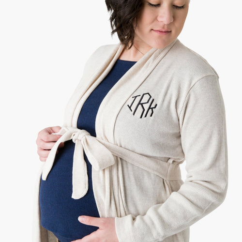 Pregnant women in embroidered Organic Lounge Robe