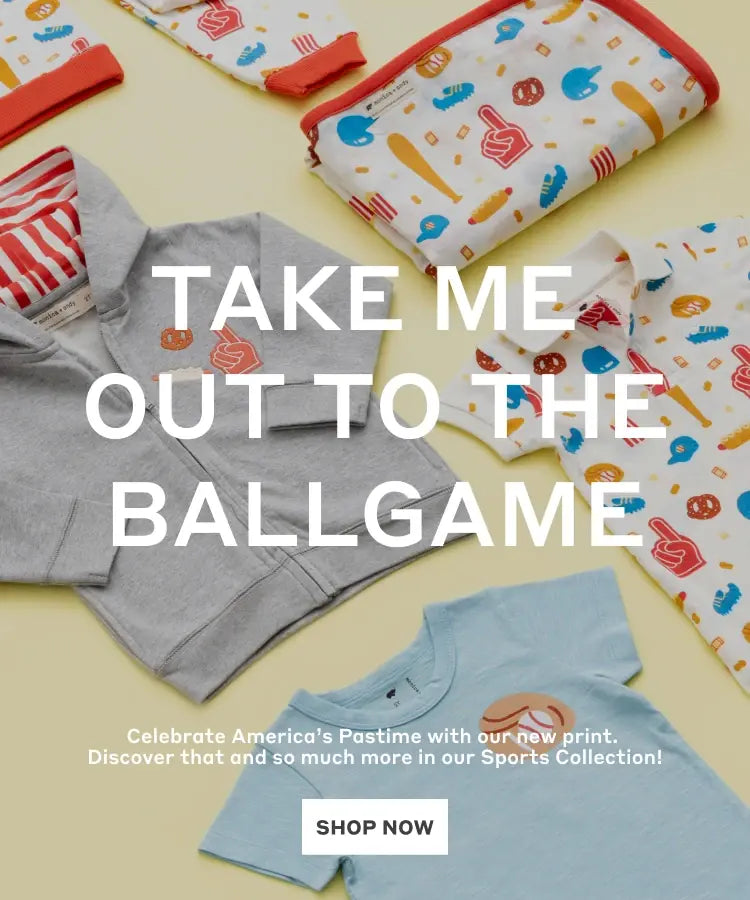 Hero banner with flatlay of Spring Sports clothing with text: Take Me Out To The Ballgame. Celebrate America's Pastime with our new print. Discover that and so much more in our Sports Collection - Shop Now