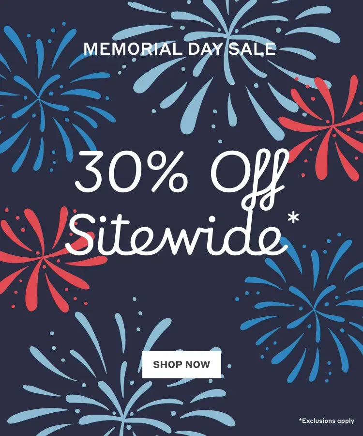 Hero banner with graphic fireworks and text: Memorial Day Sale - 30% Off Sitewide. - Shop Now
