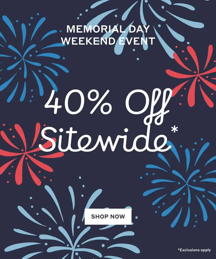 Hero banner with graphic fireworks and text: Memorial Day Sale - 40% Off Sitewide. - Shop Now