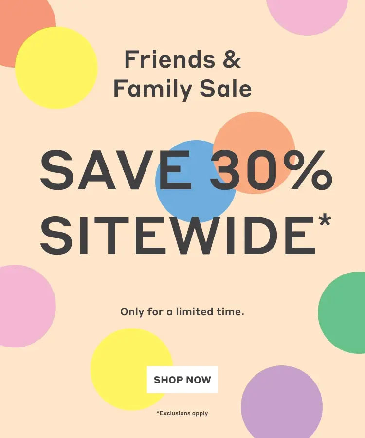 Hero banner with confetti graphic in multiple colors with text: Friends & Family Sale. Save 30% Sitewide. Only for a limited time. - Shop Now