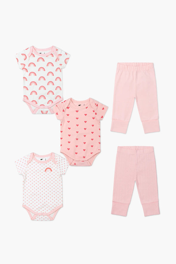 5-Piece Short Sleeve Bodysuit Bundle_Pink Hearts