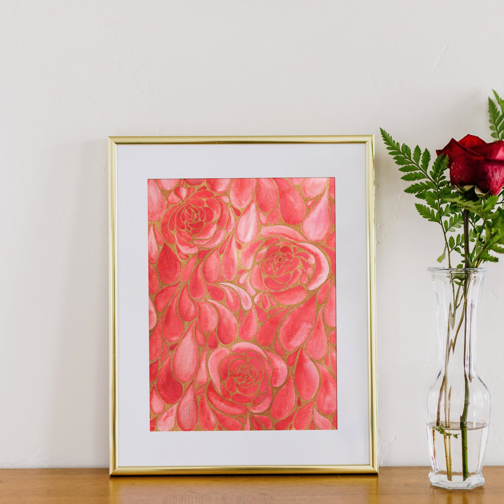 Seconds Shower of Roses in Watercolor With Gold Foil - 12x18in