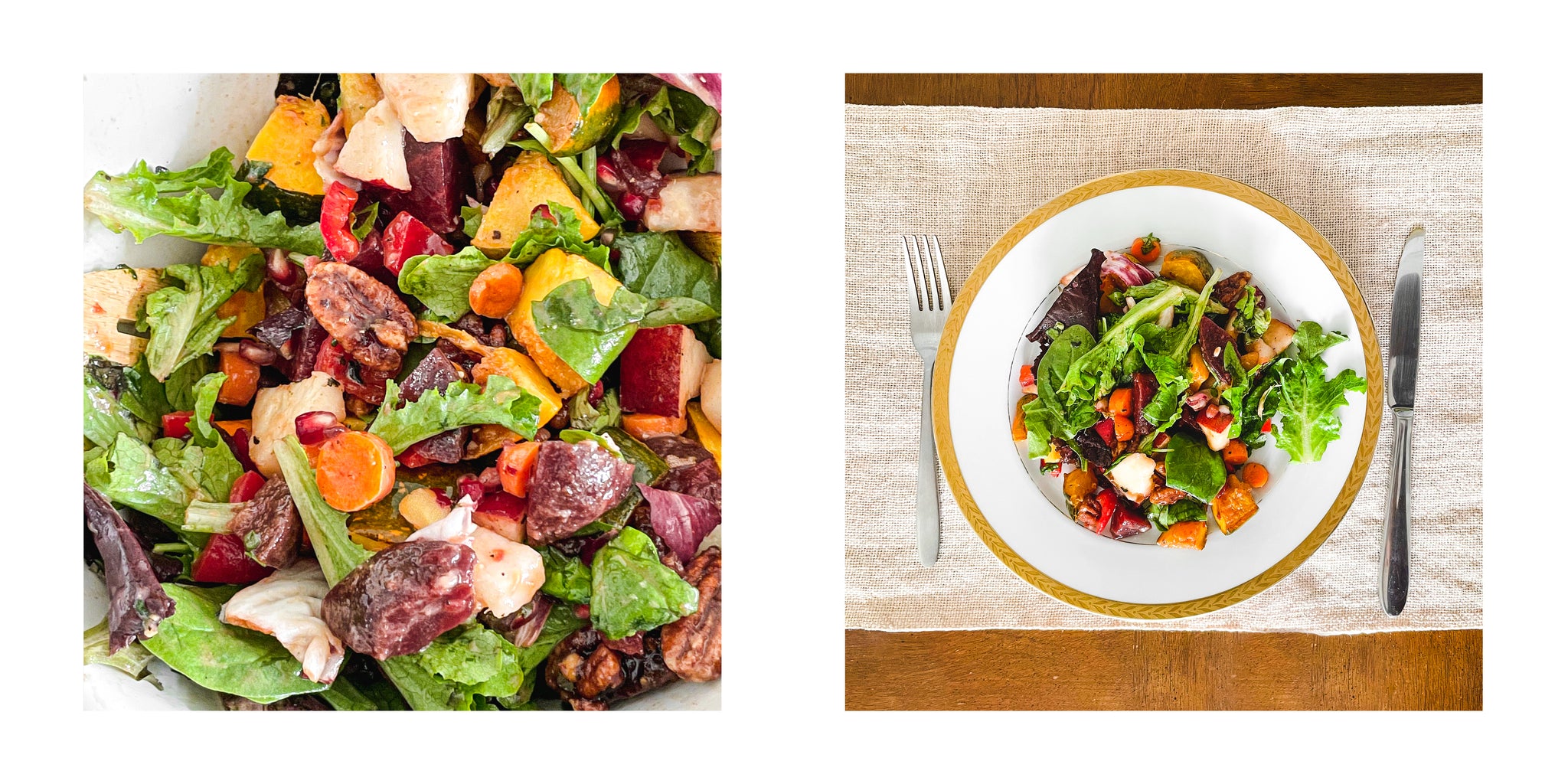 Two images. One is close up of harvest salad topped with smoky maple pecans. The other is plate with salad on top on wooden table.