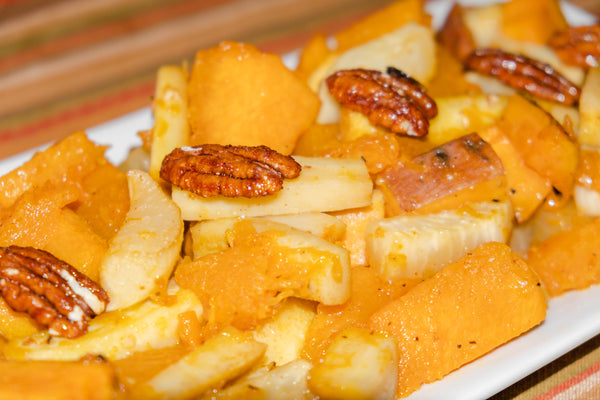 Close up of Maple Ginger Glazed Root Vegetables dish