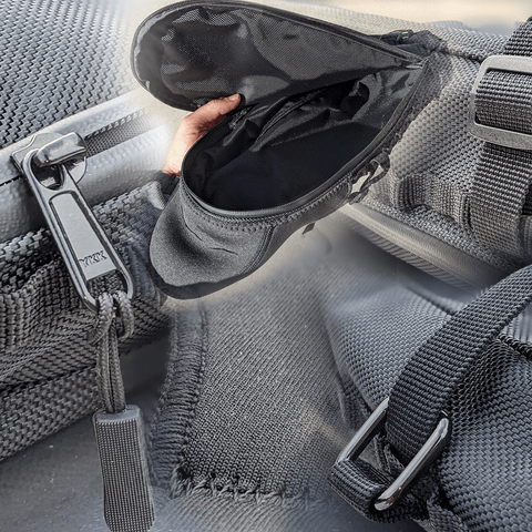 Snowbike storage Fender bag features, zipper and strap detail