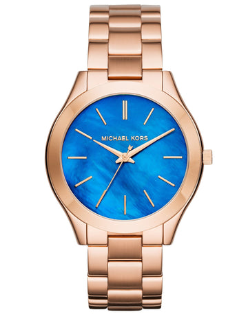 mk gold watch with blue face