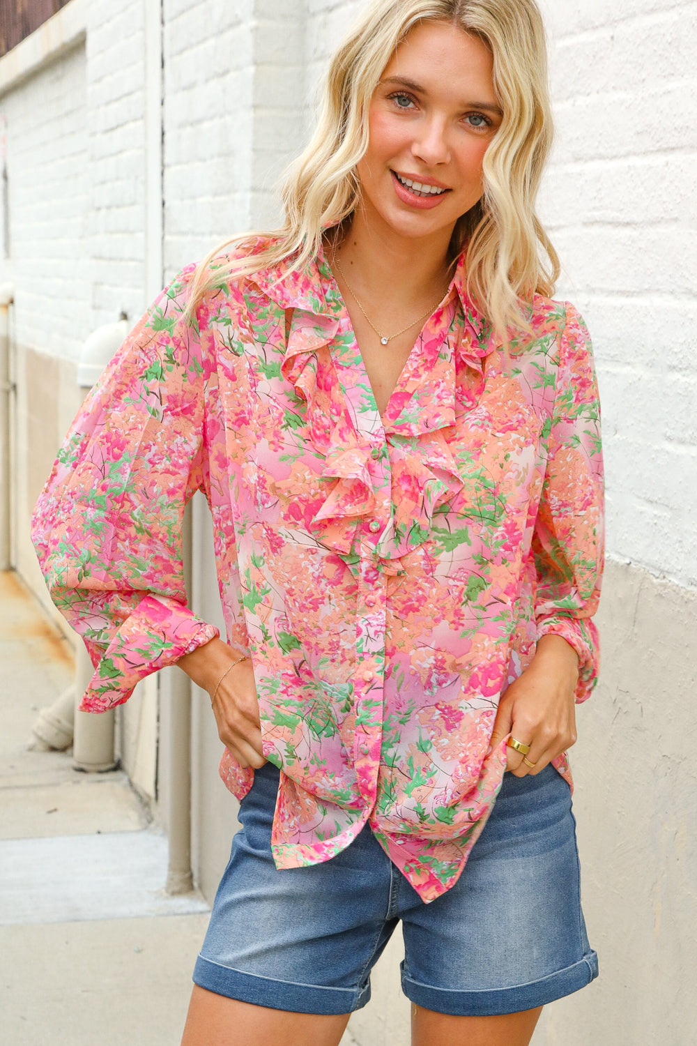 Classy Chic Rose Floral Ruffle Button Down Chiffon Top
