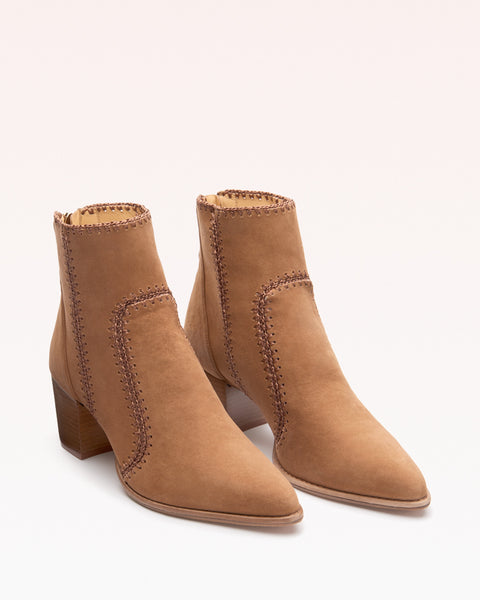 Benta Low Heel Ankle Bootie in Beige Suede | Alexandre Birman