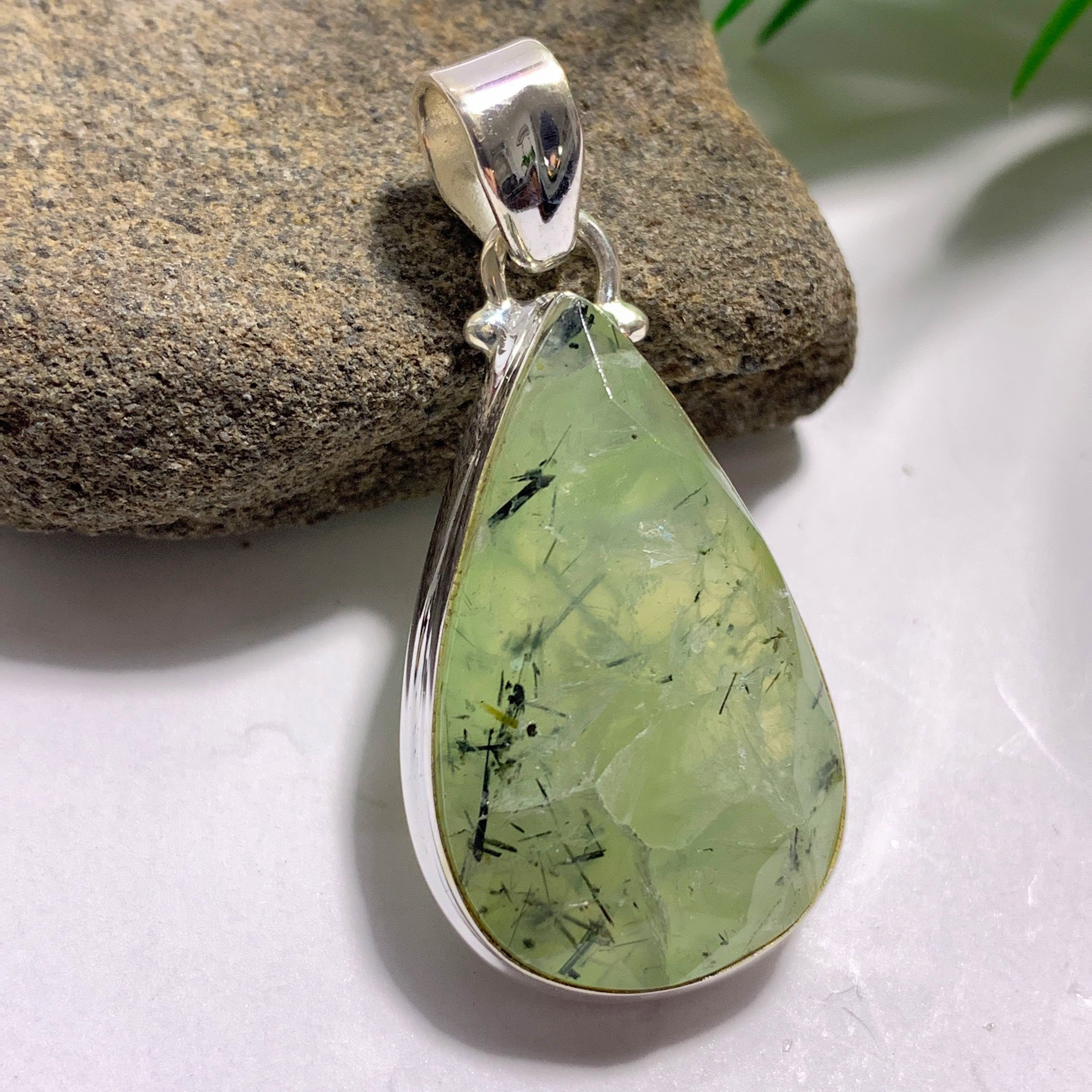 Green Prehnite & Epidot Threads Faceted Sterling Silver Pendant (Inclu ...