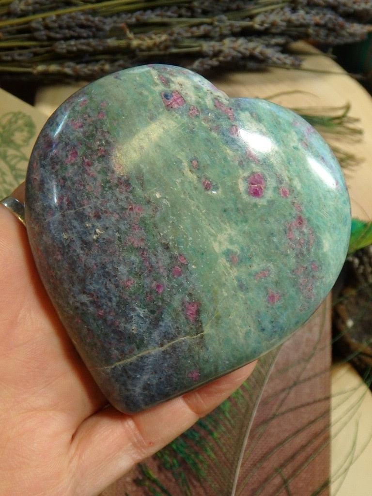 Large Ruby Fuschite Gemstone Heart With Bold Blue Kyanite Inclusions