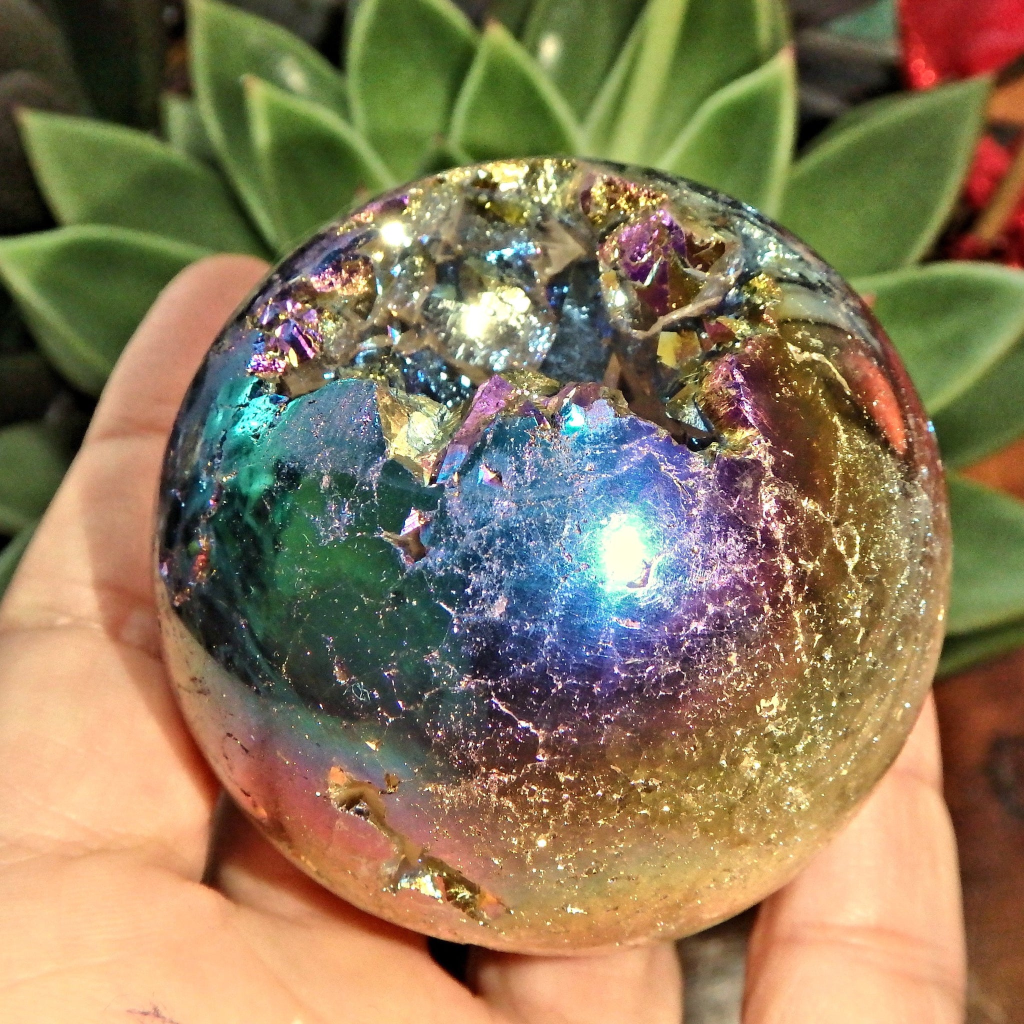 Deep Druzy Caves Rainbow Glow  Titanium Quartz  Geode Sphere 