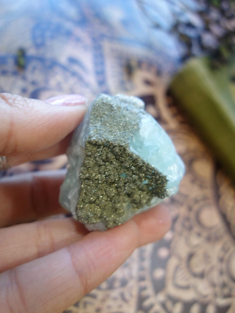 Shimmery Golden Pyrite Frosted Green Fluorite Specimen - Earth Family Crystals