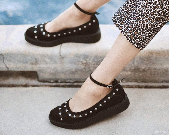 black pointed ballet ankle strap creeper