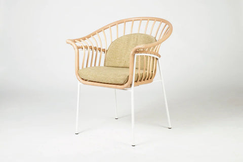 Simple and Sophisticated Rattan and Metal Dining Chair for Home or Office.  Light Green upholstered Fabric shown, but can be customised for commerical projects.