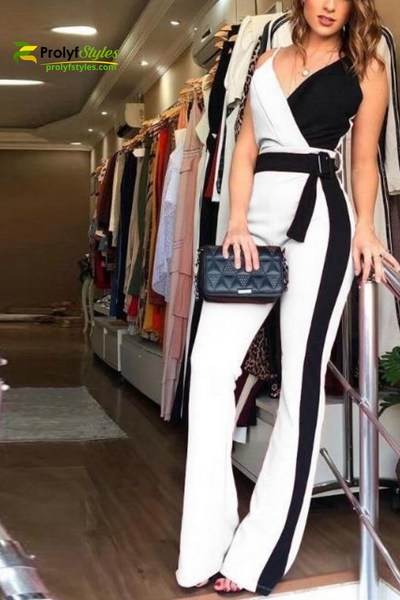 Black and White Dressy Color Block Jumpsuit