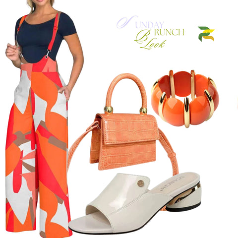 Sunday Brunch Outfit - Suspender Jumpsuit, small handbag, orange bracelet, white sandals