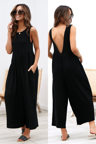 Black Sleeveless V-Back Jumpsuit for Women