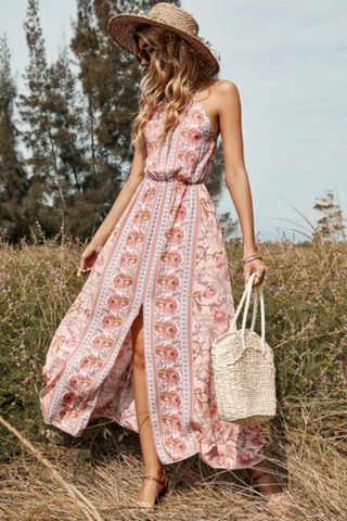 Long Sleeveless Floral Dress with Halter Neck  