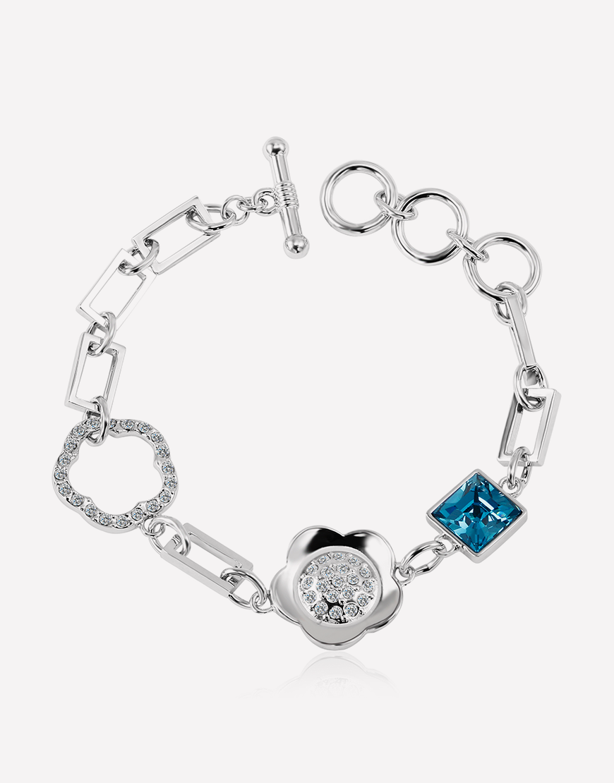 Square Crystal Flower Adjustable Silver Bracelet