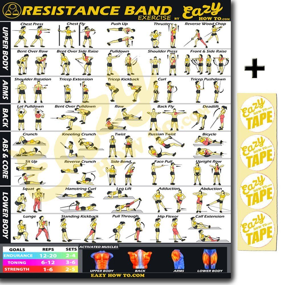 Resistance Band Exercise Workout Banner Poster BIG 28 X 20" Chart Home Eazy How To
