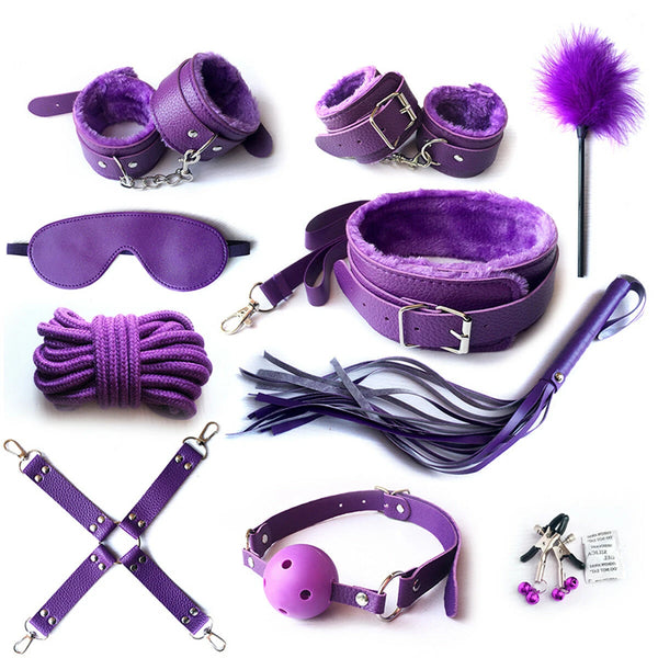  Purple 10 Pc Bondage and Restraint Kit, BDSM, Submissive Sex  Handcuffs, Ankle Sex Cuffs, Whip, Ball Gag, Leash, Collar, Rope, Nipple  Clamps, Blindfold Mask : Health & Household