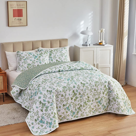 Floral Cotton Quilt Set 3 Pieces Light Blue Flowers on White Botanical –  Wongs Bedding