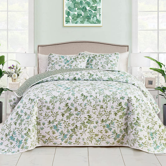 Floral Cotton Quilt Set 3 Pieces Light Blue Flowers on White Botanical –  Wongs Bedding