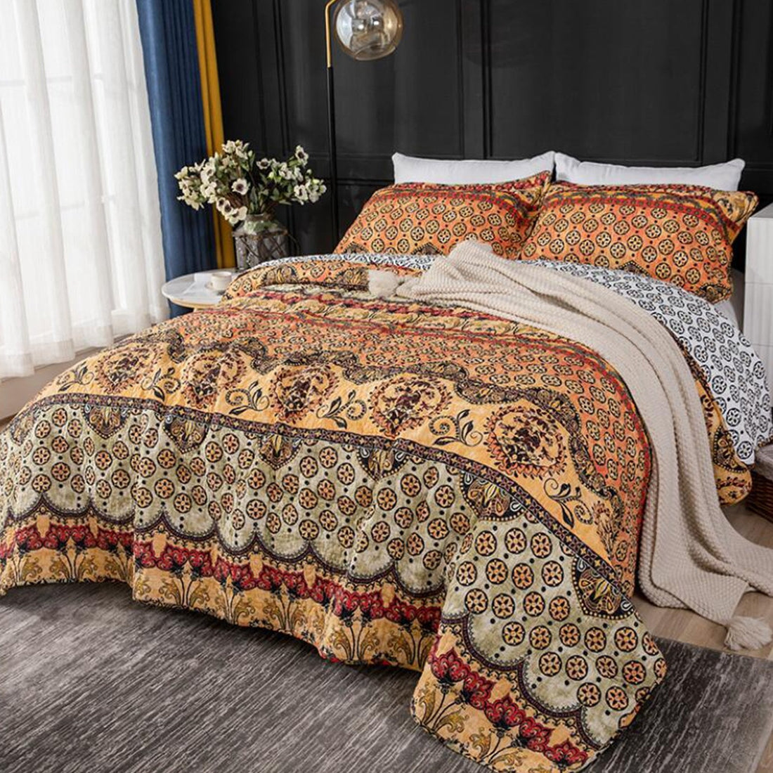 Hand-stitched Bohemian 3 Pieces Boho Quilt Set with 2 Pillowcases ...