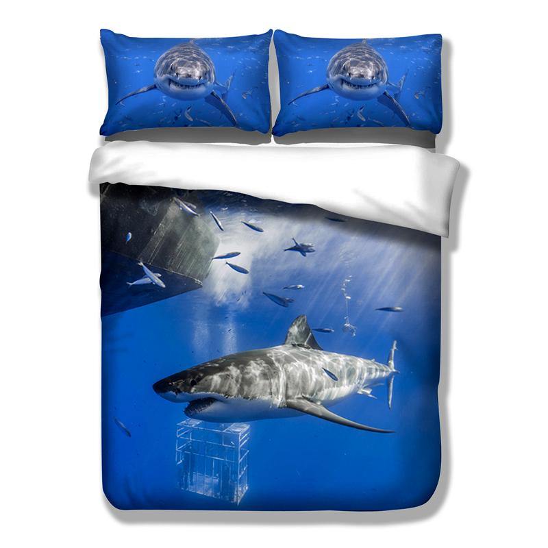 Wongsbedding 3pcs Sea Worlds Shark Duvet Cover Blue Bedding Set