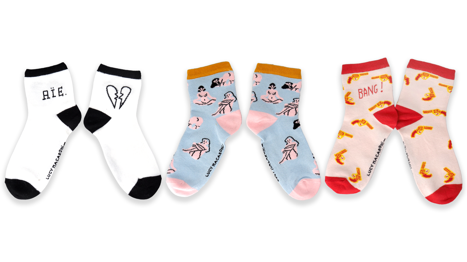 Trio de chaussettes dessinées par Lucy Macaroni pour Label Chaussette