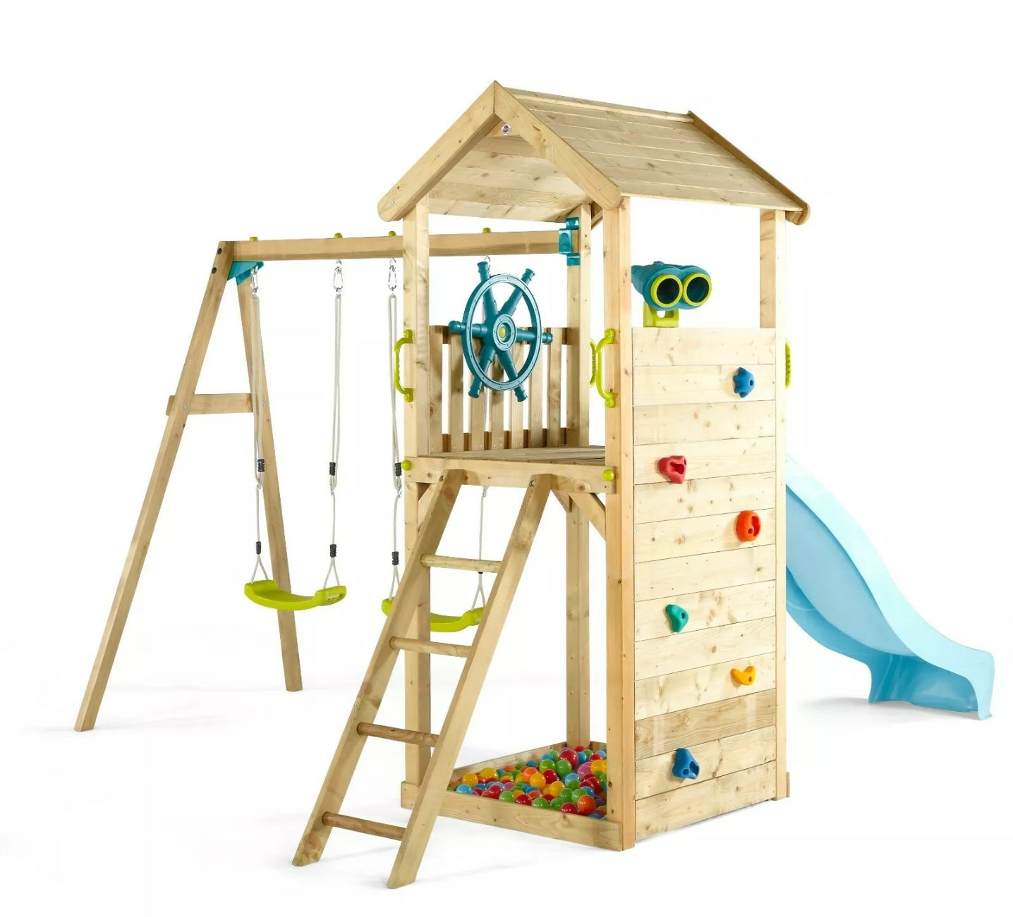 wooden climbing frame with swing