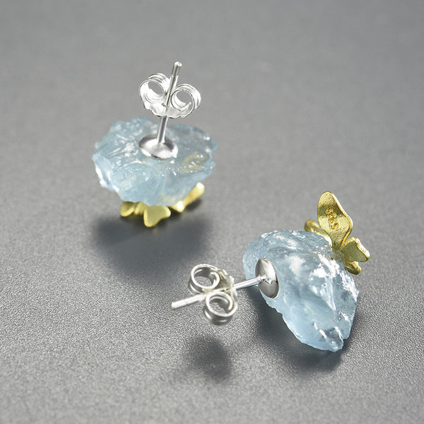 Aquamarine Silver Earrings, Natural Crystal Studs Online - LUXYIN